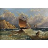 19th Century English School. Boats in Choppy Waters, Oil on Canvas, 20" x 30".