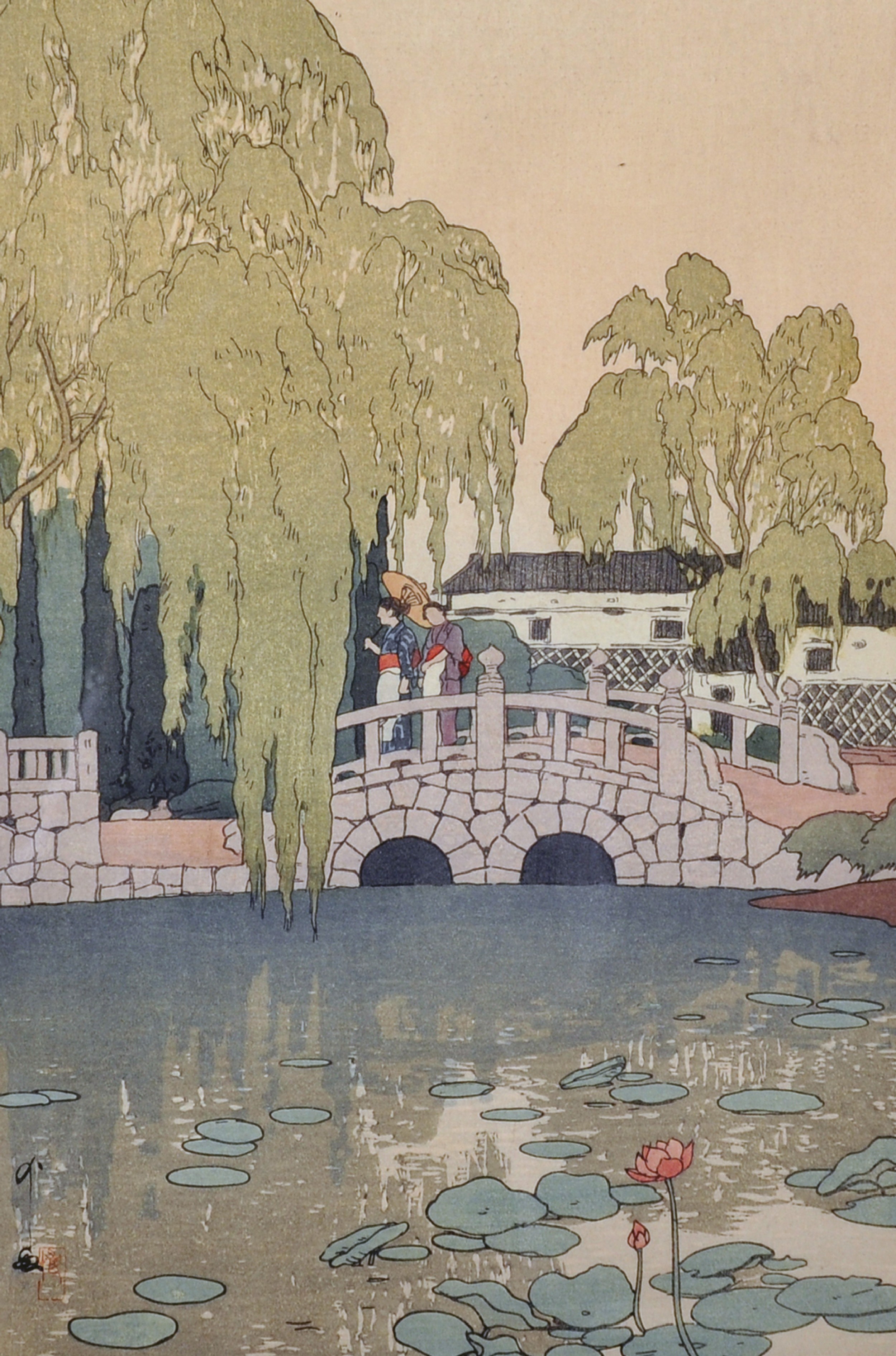 Hiroshi Yoshida (1876-1950) Japanese. "Willow and Stone Bridge", Woodcut in Colours, Signed and