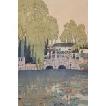Hiroshi Yoshida (1876-1950) Japanese. "Willow and Stone Bridge", Woodcut in Colours, Signed and