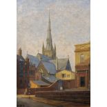 20th Century Euston Road School. A Street Scene, with a Church beyond, Oil on Board, Signed with