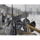 Hugh Chevins (1931- ) British. Figures on a Harbour Wall, with Boats Below, Mixed Media, Signed, 10"