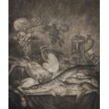 Robert Robinson (act.1674-1706) British. Still Life of Dead Game and Fish on a Table, Mezzotint, 10"
