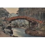 Hiroshi Yoshida (1876-1950) Japanese. "Sacred Bridge", Woodcut in Colours, Signed and Inscribed in