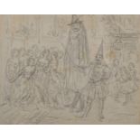 Attributed to John Leech (1817-1864) British. Carnival Figures in a Street Scene, Pencil, 5" x 6".