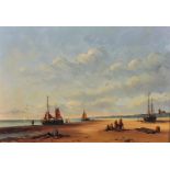 Wilhelmus van der Salm (1918-1985) Dutch. A Beach Scene, with Beached Vessels and Figures in the