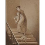 Late 18th Century French School. A Young Lady with a Candle, climbing the Stairs with a Frightened