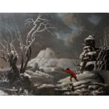 George Morland (1763-1804) British. A Snow-Covered Winter Landscape, with Figures Duck Flighting,