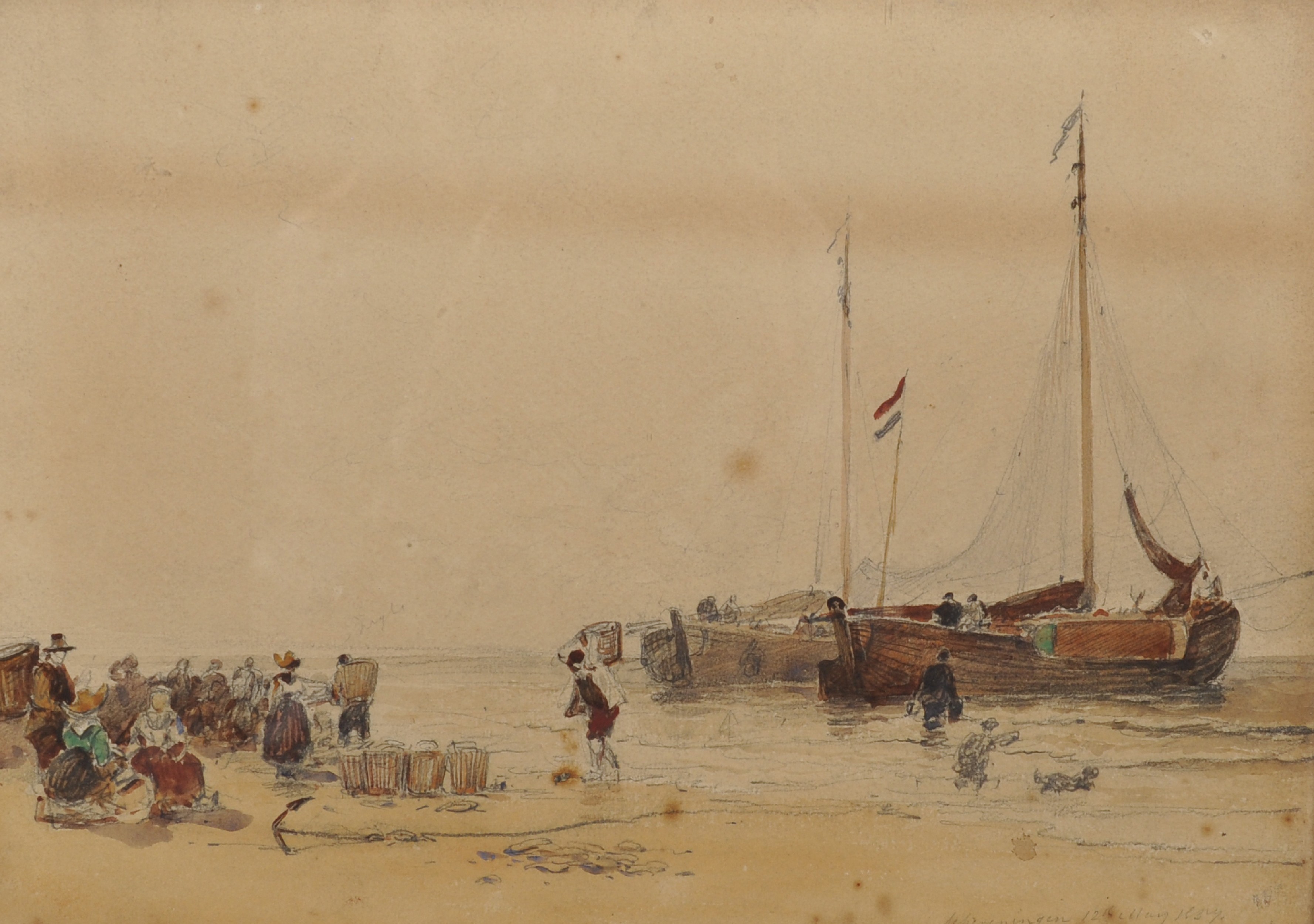 William Fettes Douglas (1822-1891) British. "Scheveningen", A Beach Scene, with Figures unloading