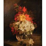 John Fitzmarshall (1859-1932) British. Still Life with Flowers, in a Glass Vase, with a Wicker