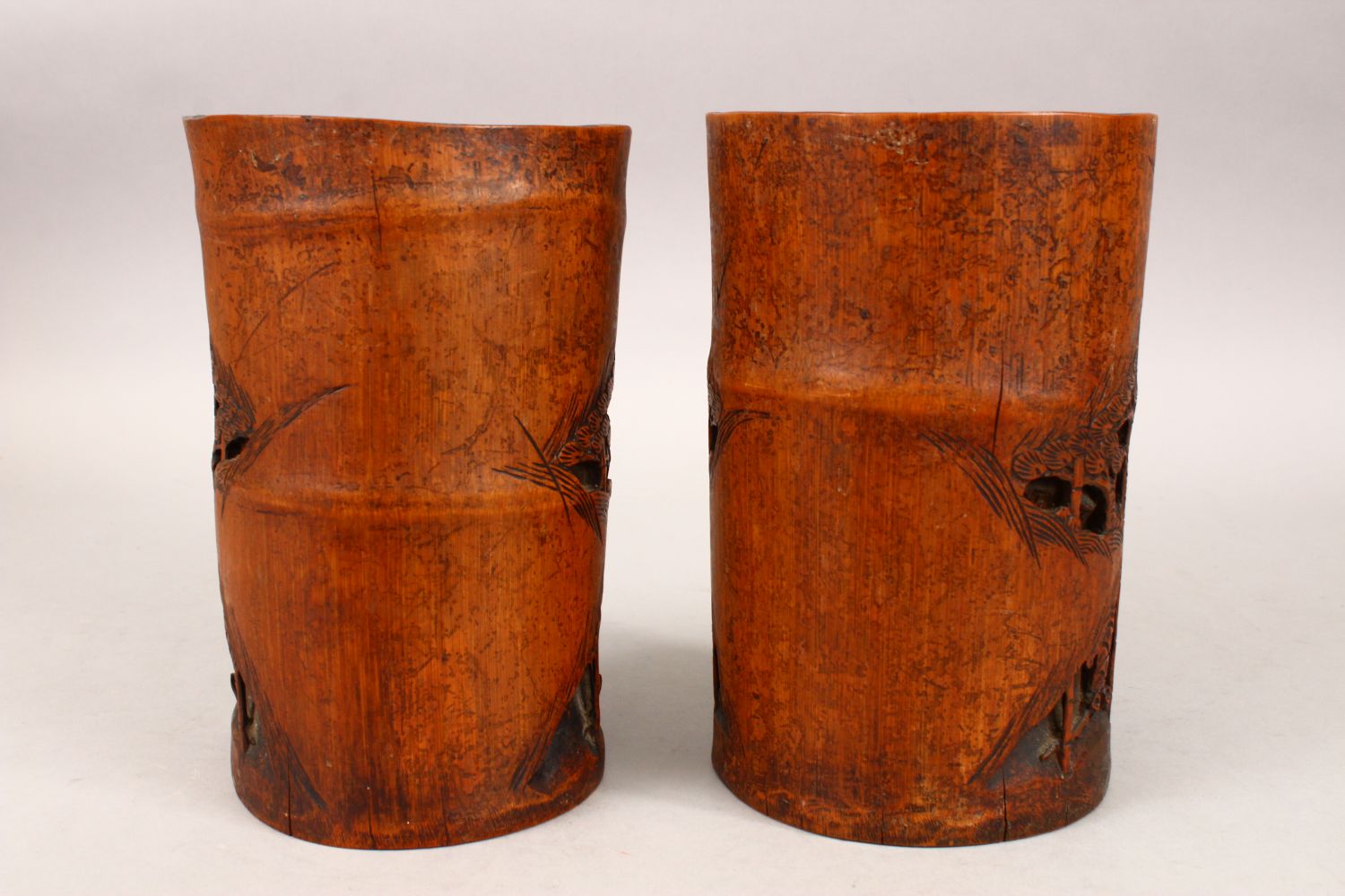 A GOOD PAIR OF 19TH CENTURY CHINESE BAMBOO BRUSH POTS, each decorated in relief to depict working - Image 5 of 8