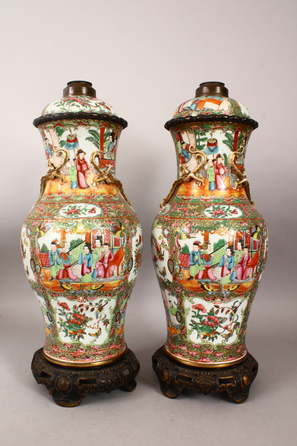 A PAIR OF CHINESE 19TH CENTURY CANTON PORCELAIN VASES / LAMPS, with panel decoration of figures, - Image 3 of 7