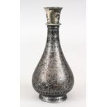 A 18TH/19TH CENTURY ISLAMIC INDIAN SILVER INLAID BIDRI VASE/HUQQA BOTTLE, 17.5cm high.