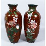 A LARGE PAIR OF JAPANESE MEIJI PERIOD CLOISONNE VASES, the vases with a gold speck ground