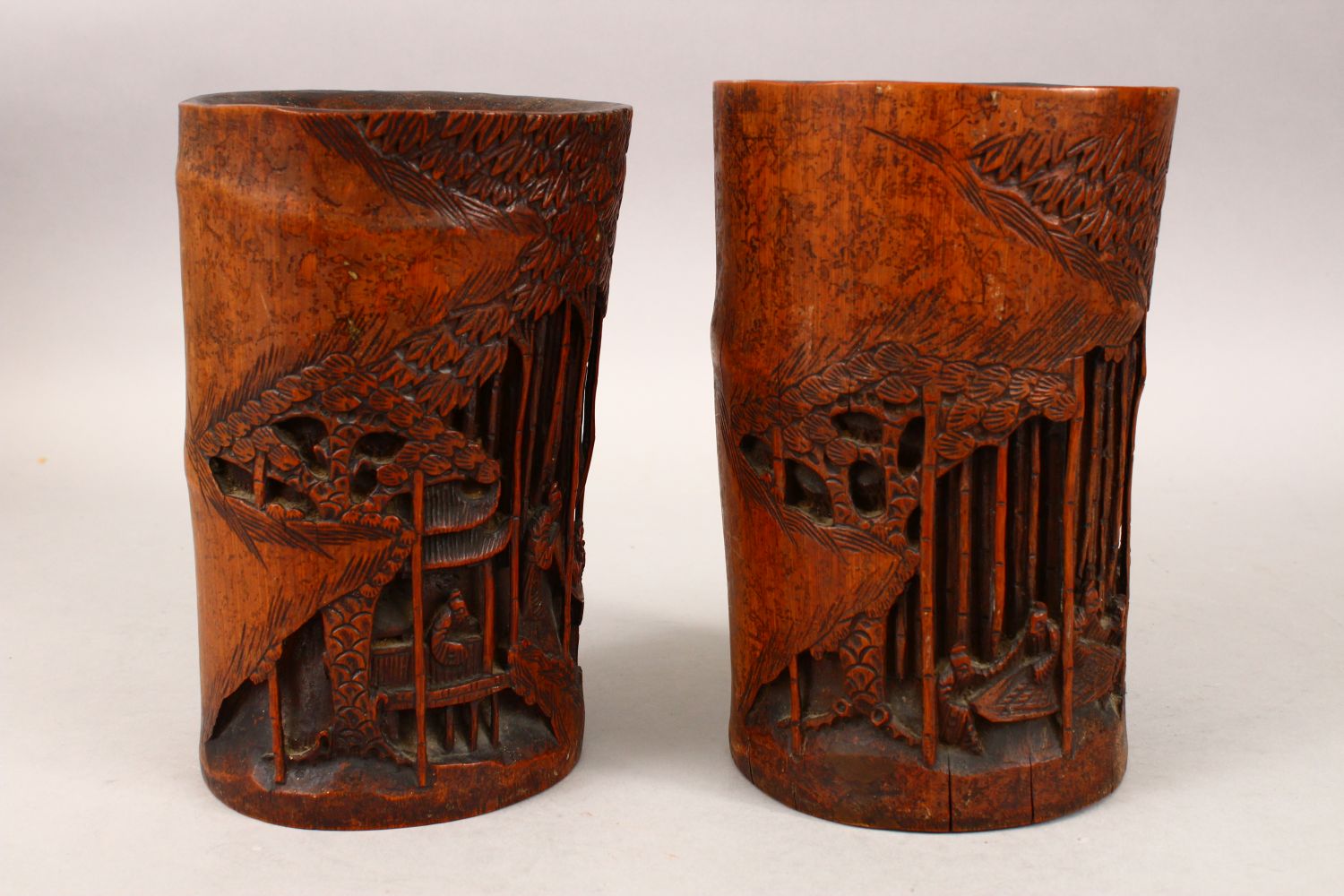 A GOOD PAIR OF 19TH CENTURY CHINESE BAMBOO BRUSH POTS, each decorated in relief to depict working - Image 4 of 8