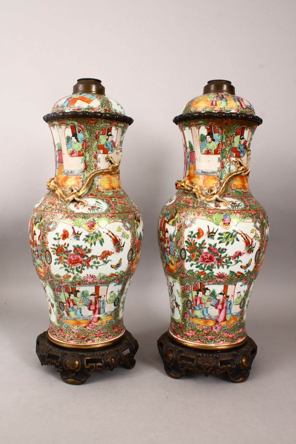 A PAIR OF CHINESE 19TH CENTURY CANTON PORCELAIN VASES / LAMPS, with panel decoration of figures, - Image 4 of 7