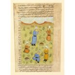 A 19TH CENTURY INDIAN MUGHAL MINIATURE PAINTING, depicting five figures in a garden setting, above