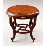 A GOOD 19TH CENTURY CHINESE HARDWOOD & INSET BURR WALNUT STAND, 16cm high X 16.5cm diameter