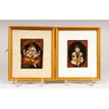 TWO SMALL 19TH / 20TH CENTURY INDIAN PAINTINGS ON MICA, framed, depicting ganesh and a figure,