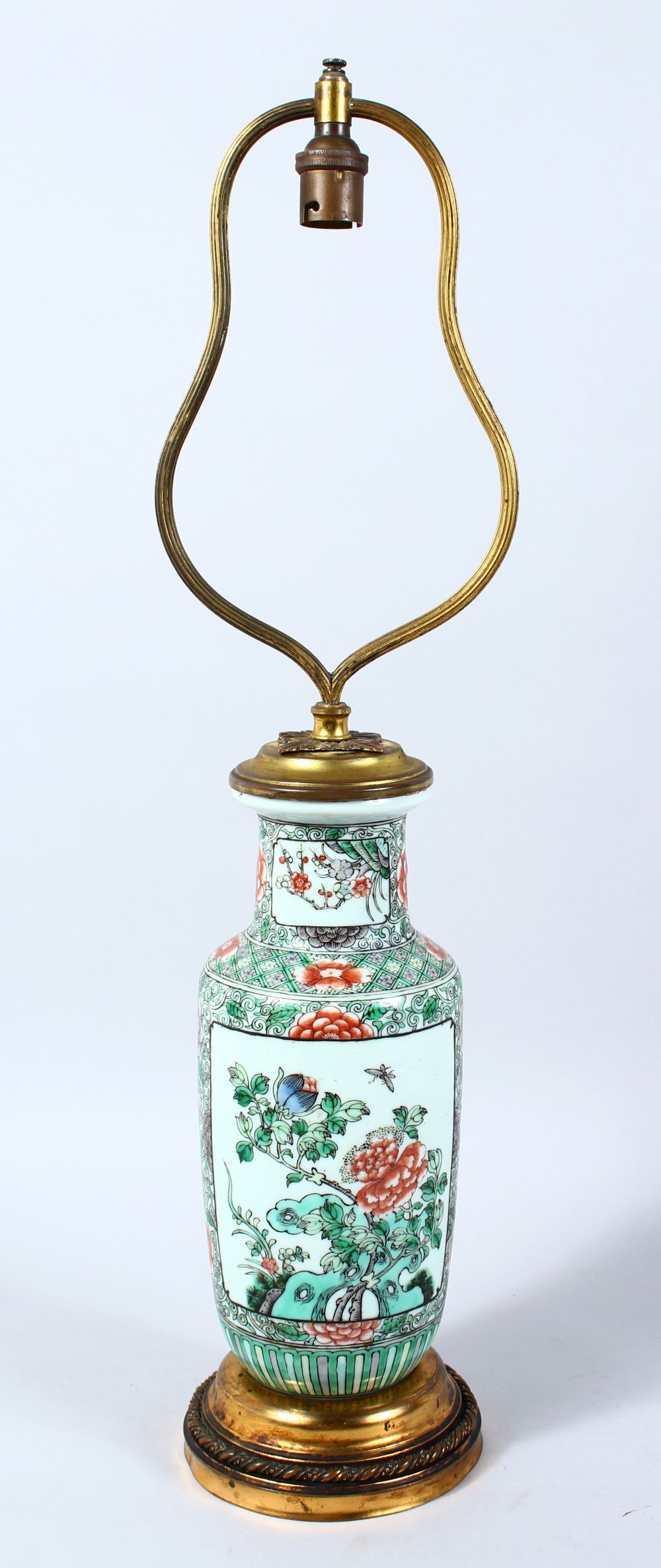 A CHINESE FAMILLE VERTE LAMPED VASE WITH BRONZE FITTINGS, vase finely painted with scenes of