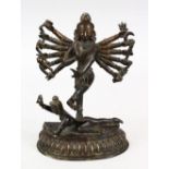 A 19TH CENTURY INDIAN TWO-SECTION BRONZE FIGURE OF MULTI-ARMED SHIVA, dancing on a prostrate
