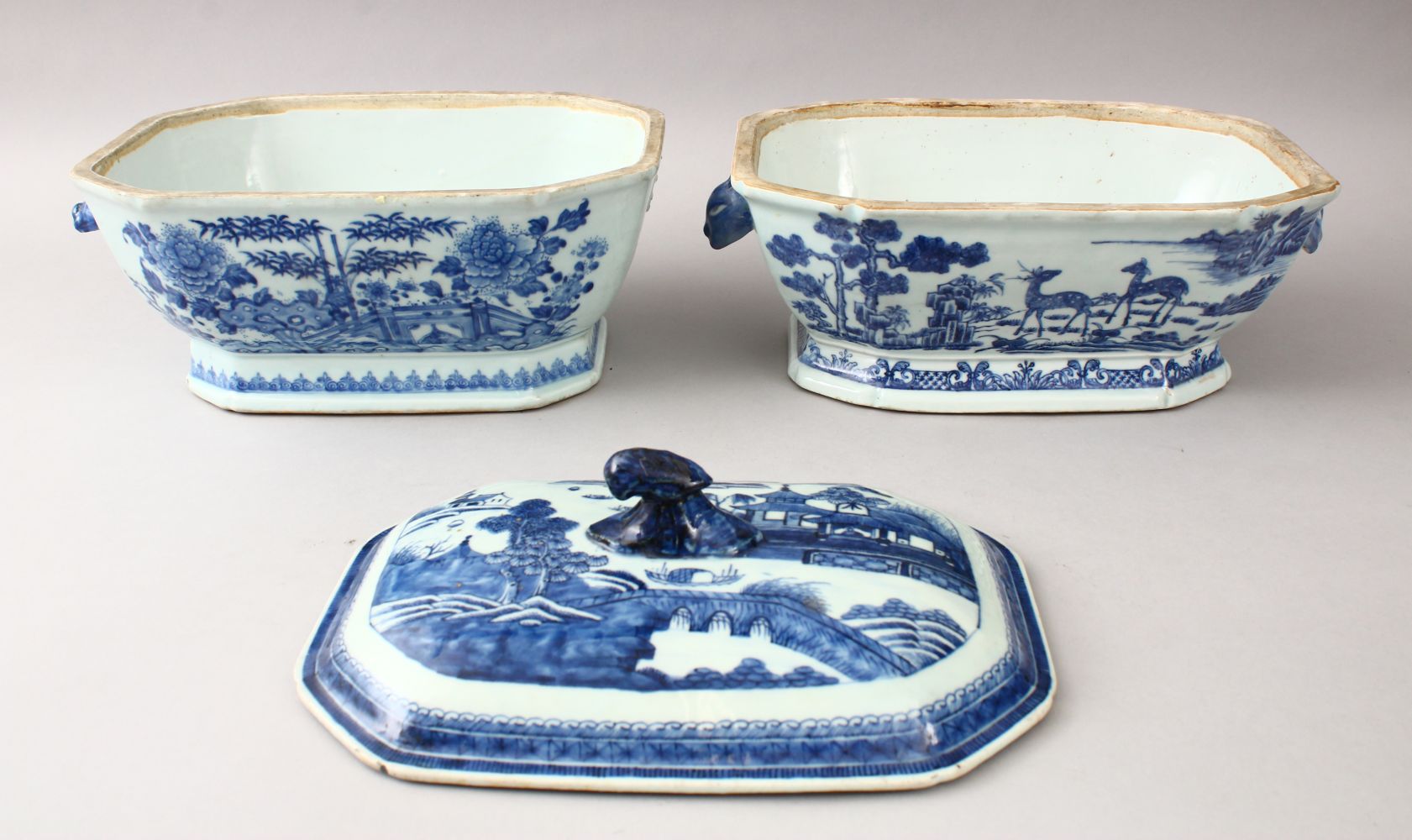 TWO 18TH CENTURY CHINESE BLUE & WHITE PORCELAIN TUREENS, with one associated cover, both decorated