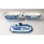 TWO 18TH CENTURY CHINESE BLUE & WHITE PORCELAIN TUREENS, with one associated cover, both decorated