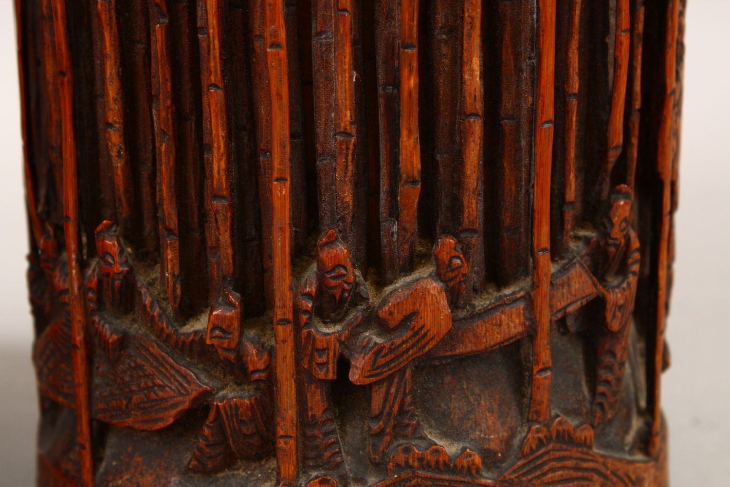 A GOOD PAIR OF 19TH CENTURY CHINESE BAMBOO BRUSH POTS, each decorated in relief to depict working - Image 3 of 8