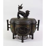 A VERY GOOD 19TH CENTURY CHINESE BRONZE & ENAMEL CENSER, of quatrefoil shape, the cover mounted with