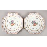 A PAIR OF CHINESE QIANLONG STYLE FAMILLE ROSE PORCELAIN PLATES, decorated with native flora, 22.