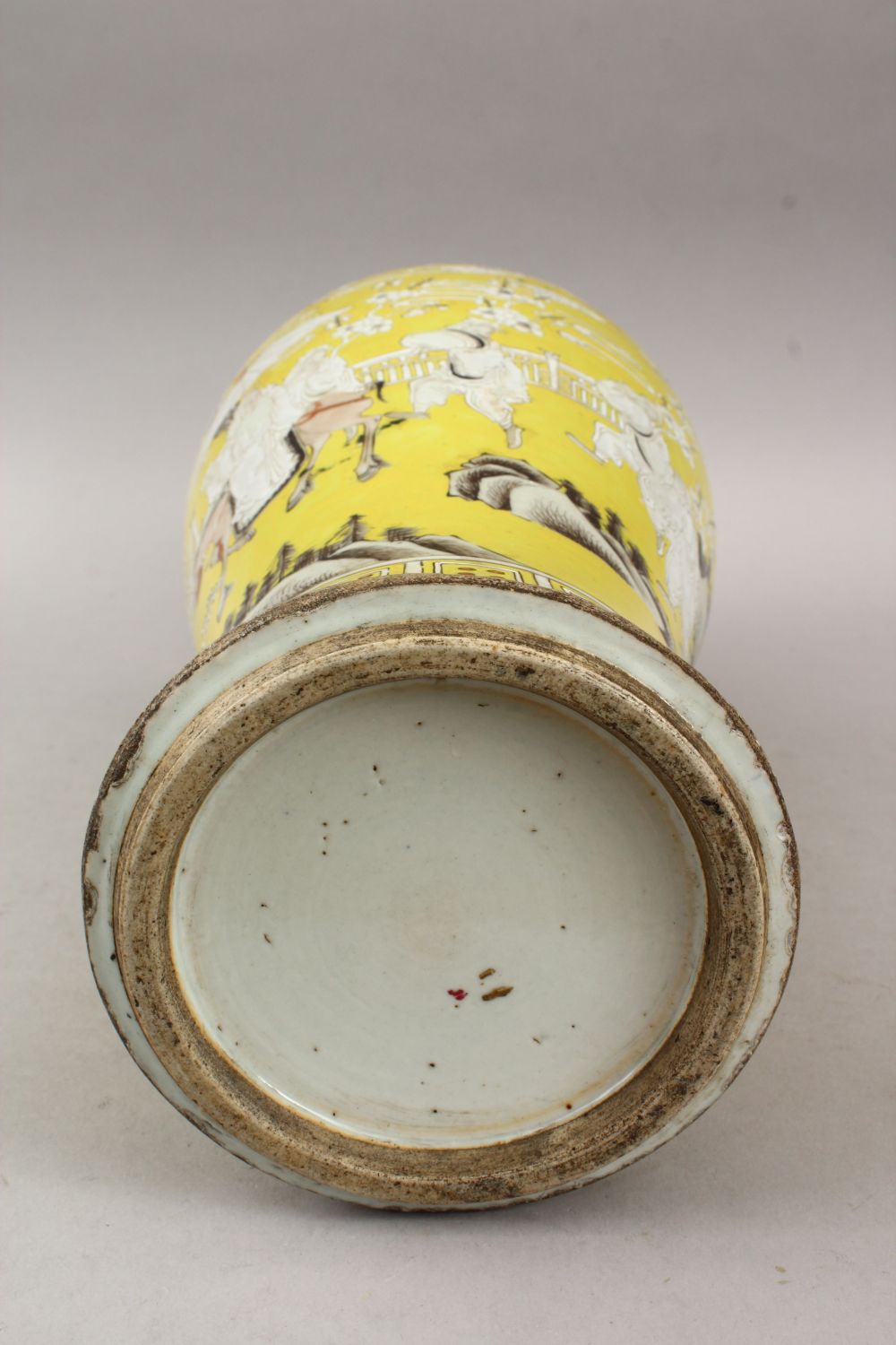 A 19TH CENTURY CHINESE FAMILLE ROSE YELLOW GROUND YIN PING SHAPED PORCELAIN VASE, decorated with - Image 7 of 7