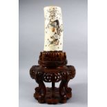 A LOVELY JAPANESE MEIJI PERIOD CARVED IVORY & SHIBAYAMA TUSK VASE ON STAND, the tusk section