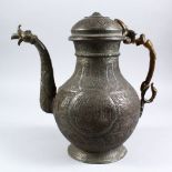A GOOD ISLAMIC BRONZE LIDDED JUG, with carved floral decoration with roundel's of calligraphy,