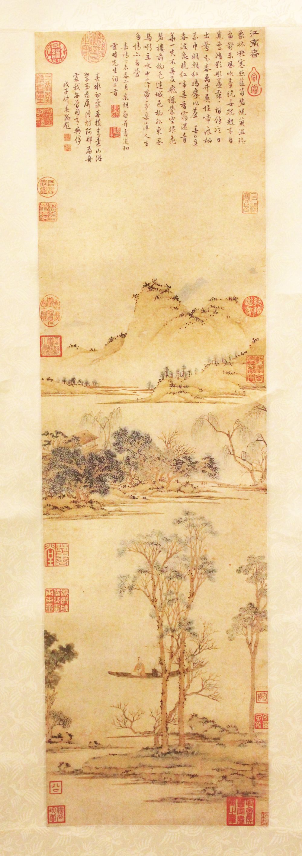 A GOOD CHINESE HANGING SCROLL PRINT OF A LANDSCAPE, the scroll with a detailed view of a