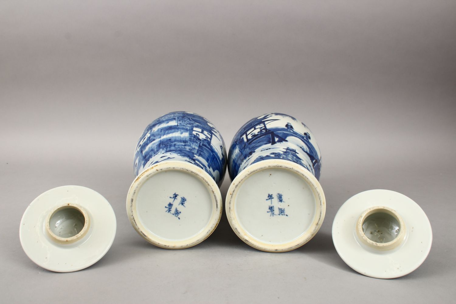 A PAIR OF 19TH CENTURY CHINESE BLUE & WHITE KANGXI STYLE PORCELAIN VASES & COVERS, the body of the - Image 6 of 8