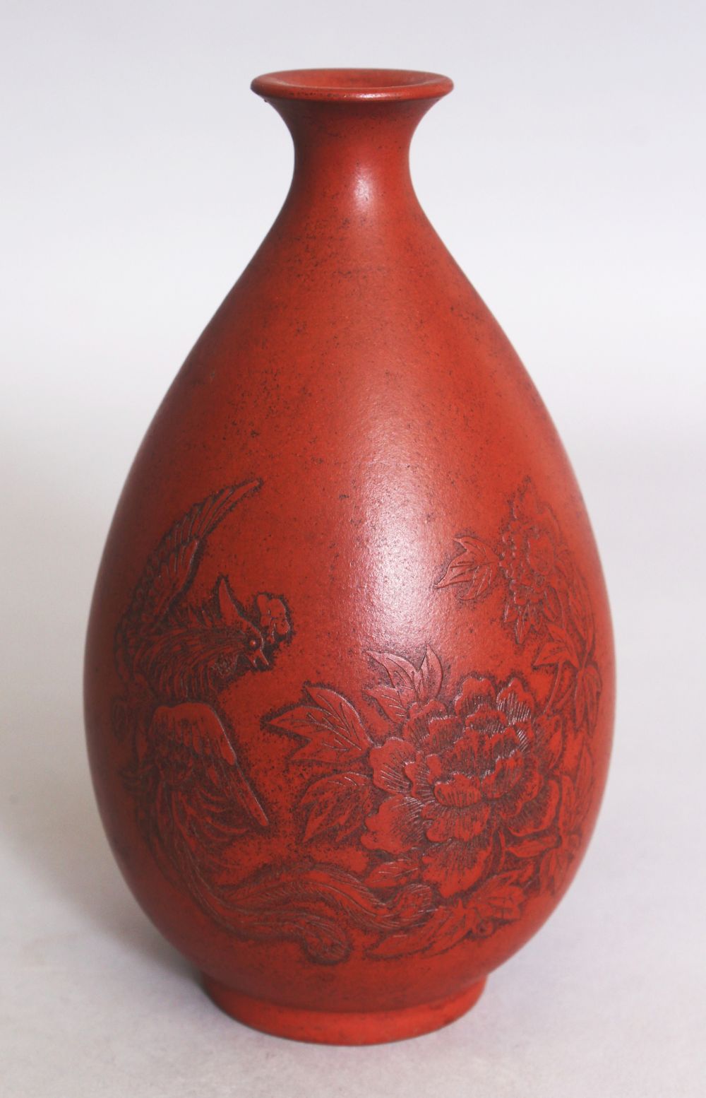 AN UNUSUAL CHINESE YIXING POTTERY VASE, the pear-form body decorated with calligraphy and with a