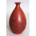 AN UNUSUAL CHINESE YIXING POTTERY VASE, the pear-form body decorated with calligraphy and with a