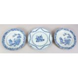 THREE 19TH CENTURY CHINESE BLUE & WHITE PORCELAIN PLATES, each with floral decoration, and fixed