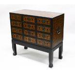 A LARGE 17TH/18TH CENTURY INDO PORTUGUESE GOAN MARQUETRY CHEST OF DRAWERS ON A LATER STAND,