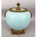 A LARGE CHINESE ROBINS EGG GLAZED RIBBED PORCELAIN JAR & COVER WITH GILT METAL MOUNTS, the body of