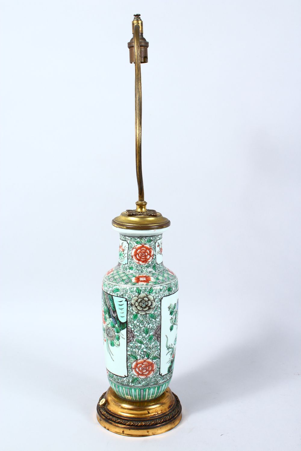 A CHINESE FAMILLE VERTE LAMPED VASE WITH BRONZE FITTINGS, vase finely painted with scenes of - Image 2 of 3