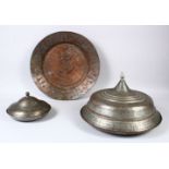 TWO 18TH CENTURY OTTOMAN ARMENIAN TINNED COPPER LIDDED SERVING DISHES, the larger dish with