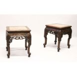 A PAIR OF 19TH CENTURY CHINESE HARDWOOD & MARBLE INSET SQUARE FORM TABLES, the tables with an