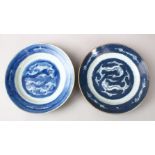 A GOOD PAIR OF 18TH CENTURY CHINESE BLUE & WHITE PORCELAIN PLATES, decorated with two stylized