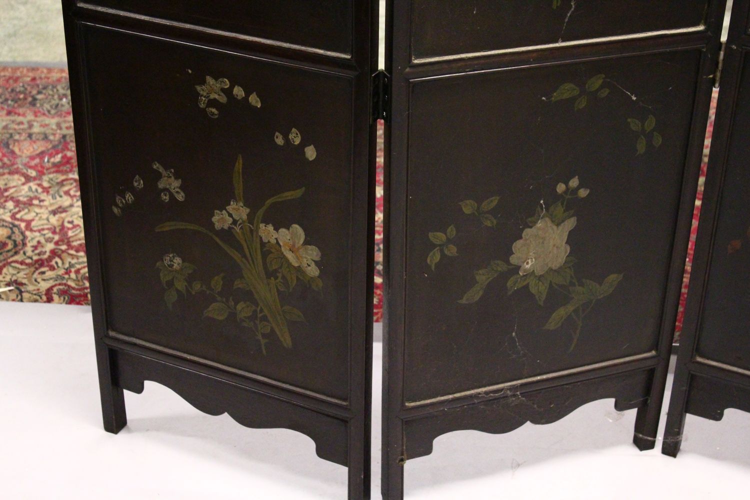 A 19TH CENTURY CHINESE HARDWOOD AND INLAID FOUR FOLD SCREEN, each panel inlaid with carved bone - Image 7 of 9
