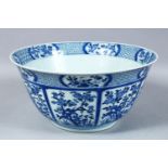 A GOOD LARGE CHINESE KANGXI PERIOD BLUE & WHITE PORCELAIN BOWL, the body of the bowl decorated