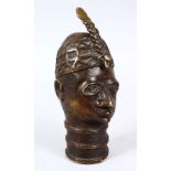 AN EARLY AFRICAN BRONZE BENIN FIGURE OF A MALE HEAD, hollow cast bust, 21cm high.