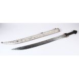 AN EARLY 20TH CENTURY PERSIAN ISLAMIC SWORD, with hand chased solid silver scabbard, and a horn