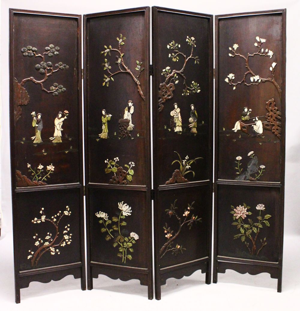 A 19TH CENTURY CHINESE HARDWOOD AND INLAID FOUR FOLD SCREEN, each panel inlaid with carved bone
