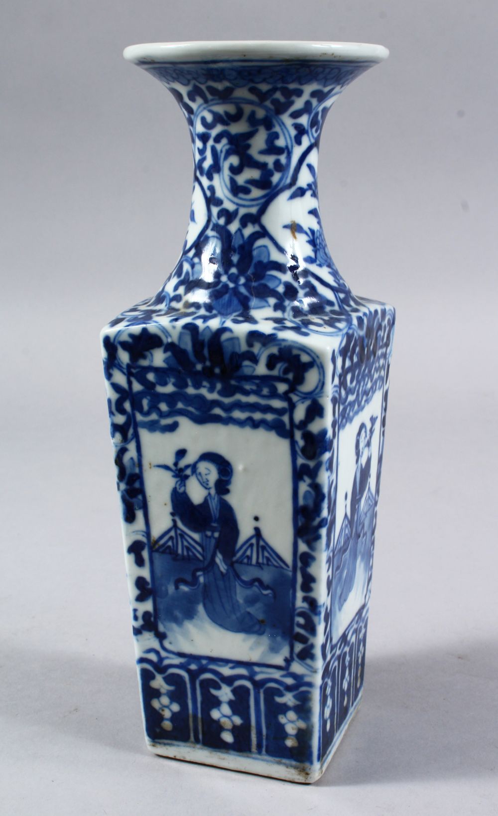 A GOOD 19TH CENTURY CHINESE BLUE & WHITE PORCELAIN SQUARE FORM VASE, the body with four panels of