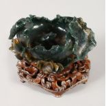 A GOOD CHINESE DARK GREEN JADE LOTUS BRUSH WASHER, together with a good quality wire inlaid carved